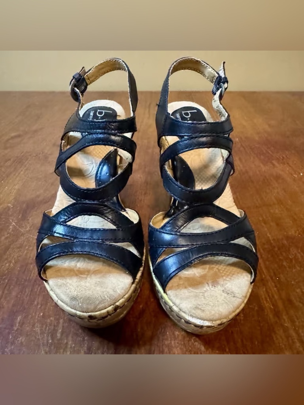 Time and Tru Black Strappy Wedge Sandals